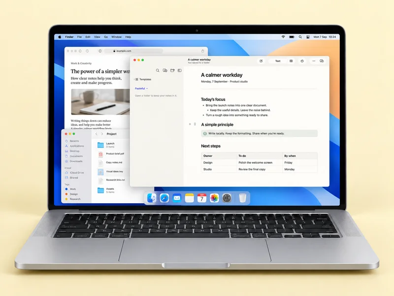 MacBook product mockup showing Pasteful in a floating window, with blue and apricot wallpaper, Safari and Finder behind it.