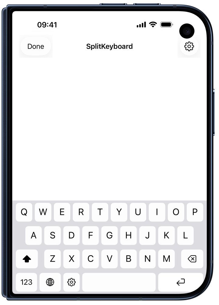 iPhone Duo closed, with SplitKeyboard as one keyboard on the cover screen, in the SplitKeyboard app.