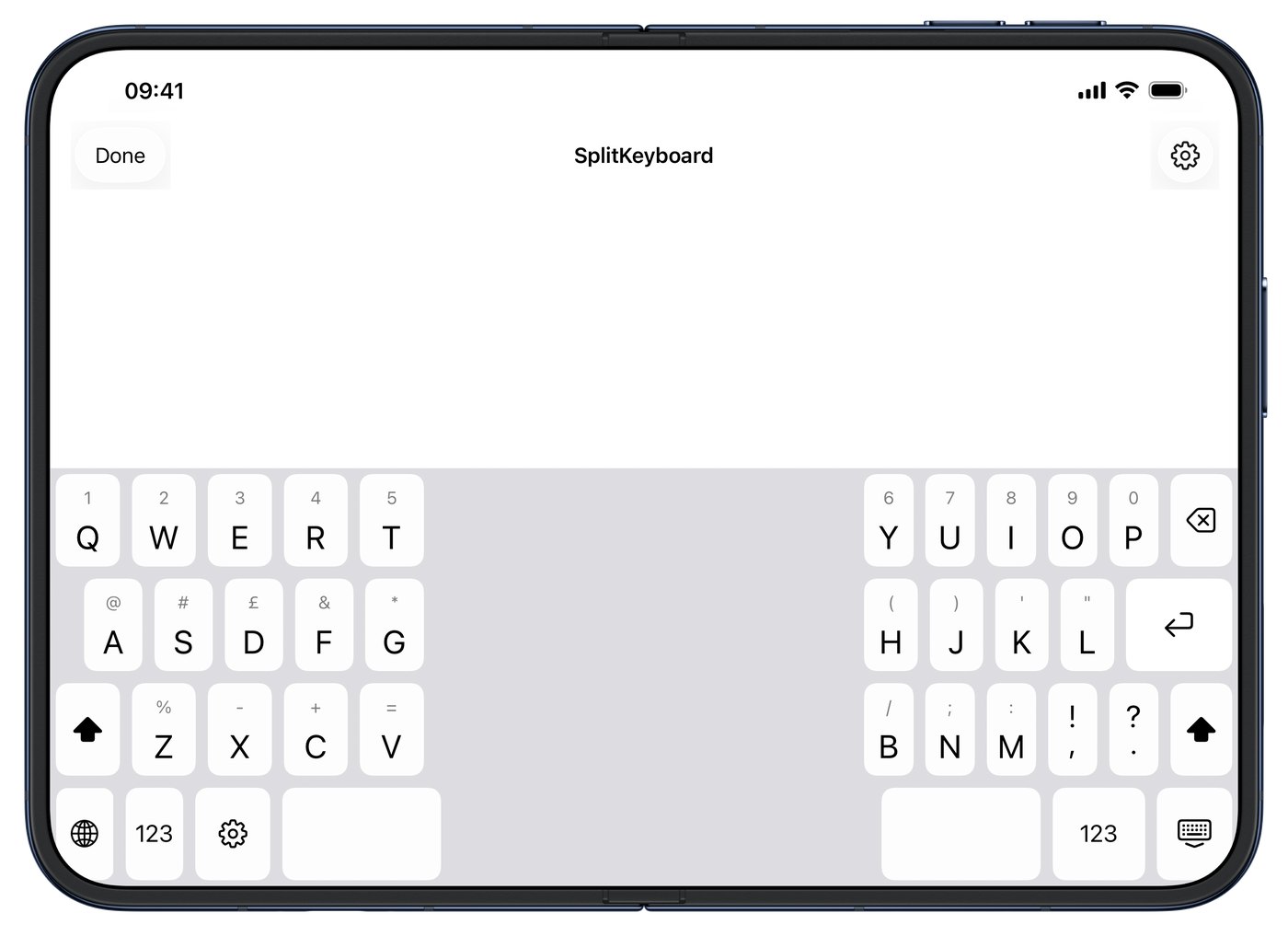 iPhone Duo open, with SplitKeyboard split into two halves, one each side of the fold, in the SplitKeyboard app.