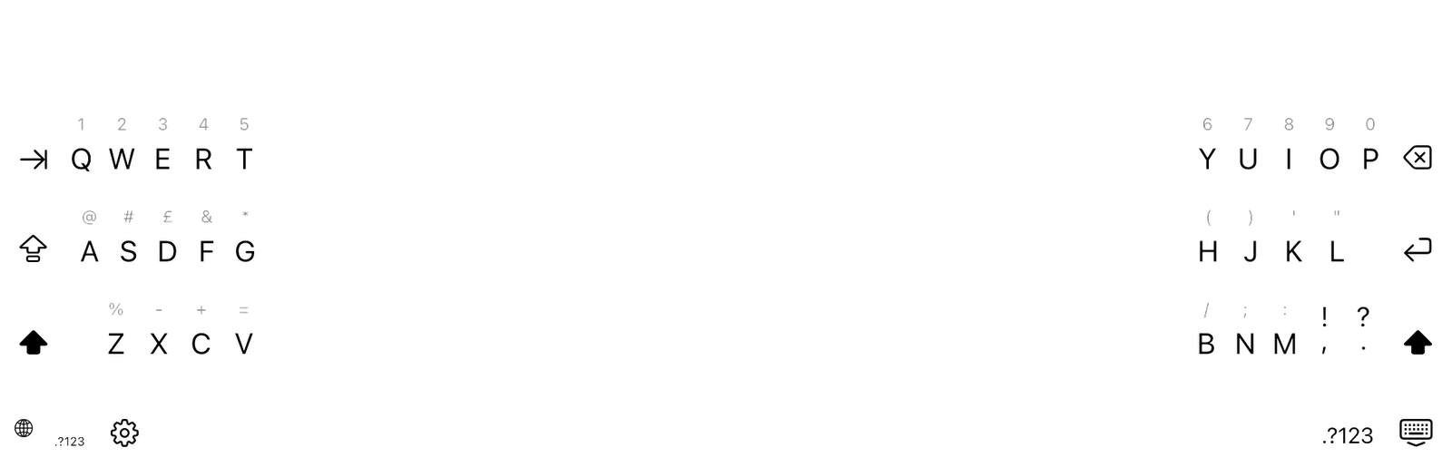 SplitKeyboard on iPad, split, with its shortest reach and smaller keys.