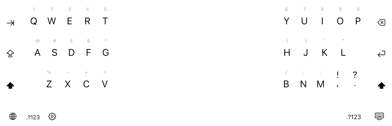 SplitKeyboard on iPad, split, with its tallest keys.