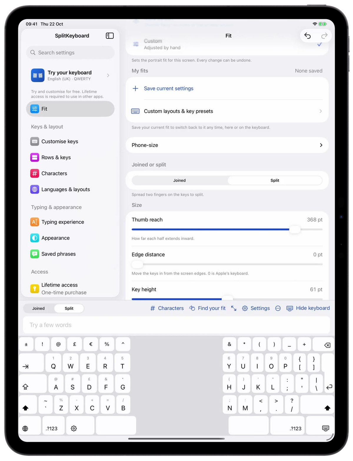 iPad Pro showing the SplitKeyboard Fit page beside its settings sidebar, with the split keyboard below.