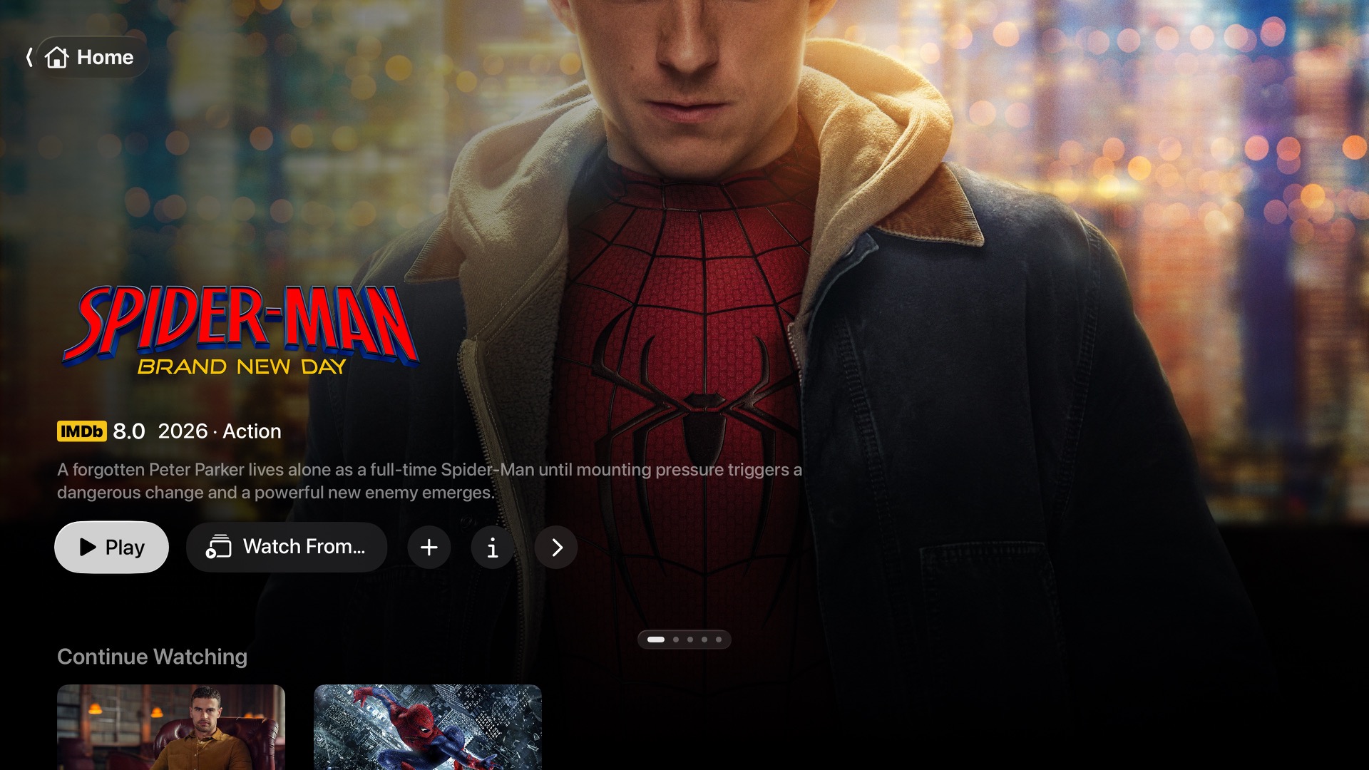 TV mock-up showing Teevo’s real Apple TV home screen, with film details and a row of films to browse.