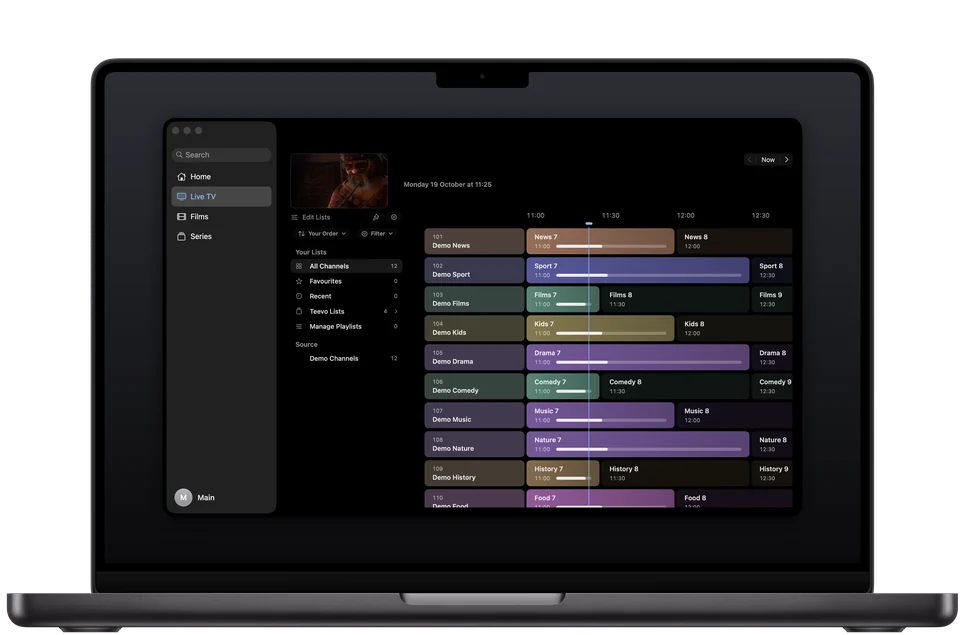 Teevo’s guide on a MacBook Pro, with the sidebar and channel lists