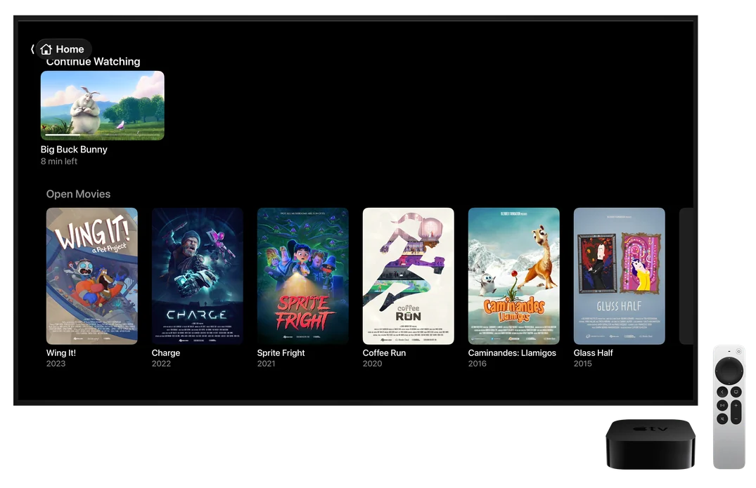 Teevo Home on Apple TV: Big Buck Bunny in Continue Watching and the Open Movies posters
