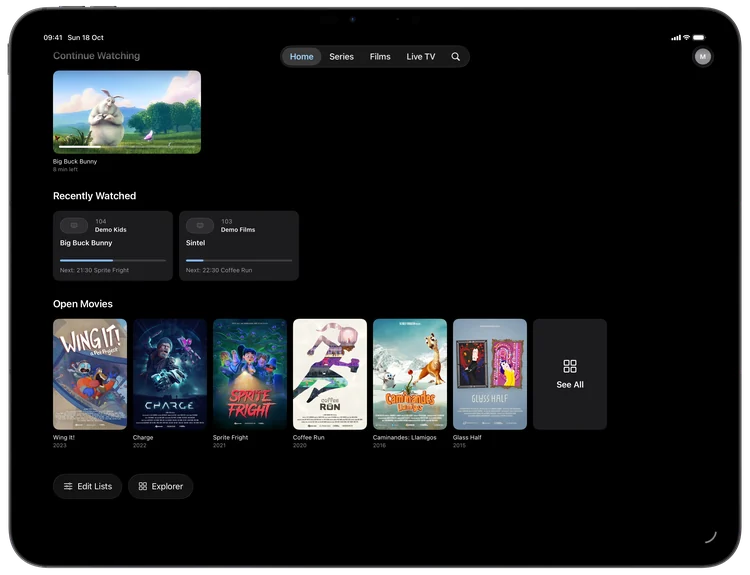 Teevo Home on iPad with Big Buck Bunny in Continue Watching Teevo Home on iPad with Big Buck Bunny in Continue Watching