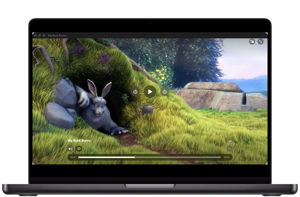 Teevo’s Mac player on a MacBook Pro, playing Big Buck Bunny