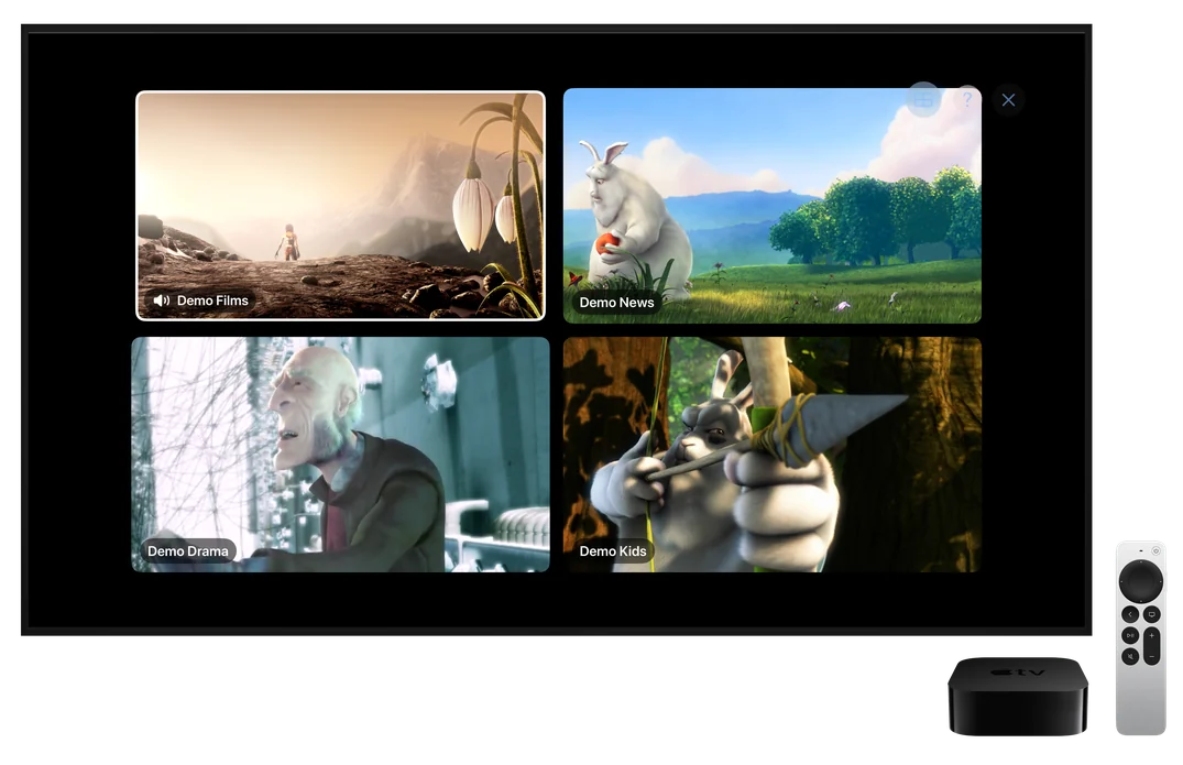 Multiview on Apple TV: four demo channels
