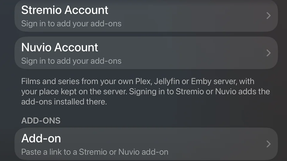Add Source on Apple TV: Stremio and Nuvio accounts and add-ons