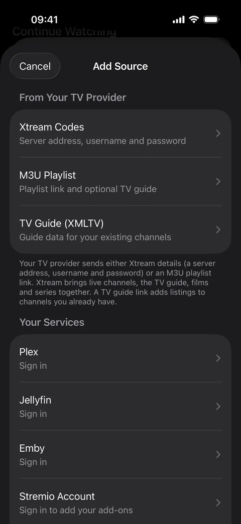 Add Source on iPhone: Xtream Codes, M3U, XMLTV, Plex, Jellyfin, Emby and Stremio