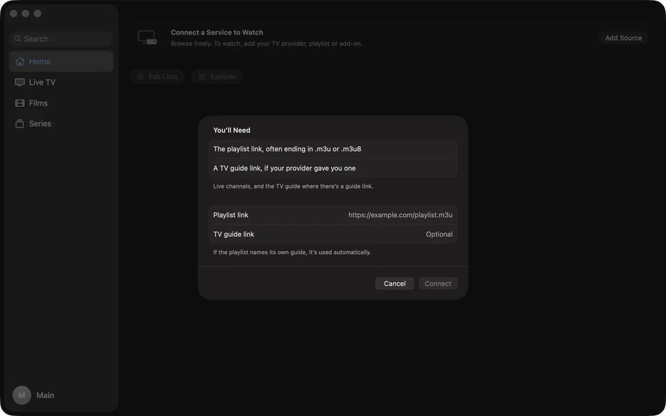 Add Source on Mac: the M3U playlist form as a sheet