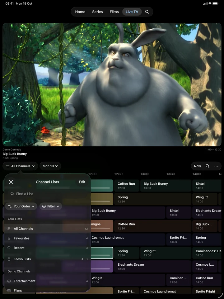 Channel Lists on iPad, over the guide