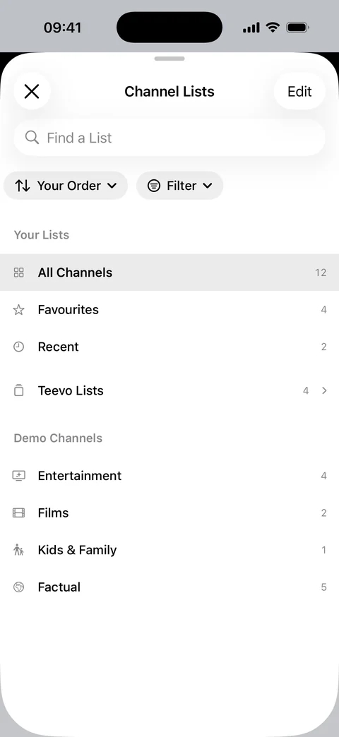 Channel Lists on iPhone: Your Lists and the source’s categories