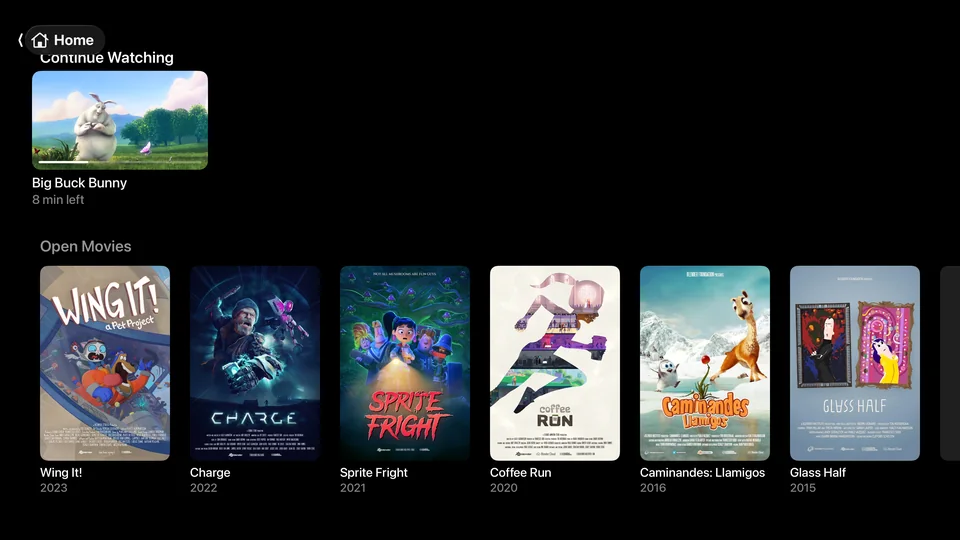 Teevo Home on Apple TV: Continue Watching and the Open Movies posters Teevo Home on Apple TV: Continue Watching and the Open Movies posters