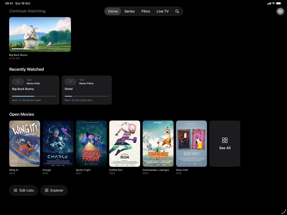 Teevo Home on iPad: Continue Watching, recently watched and Open Movies Teevo Home on iPad: Continue Watching, recently watched and Open Movies