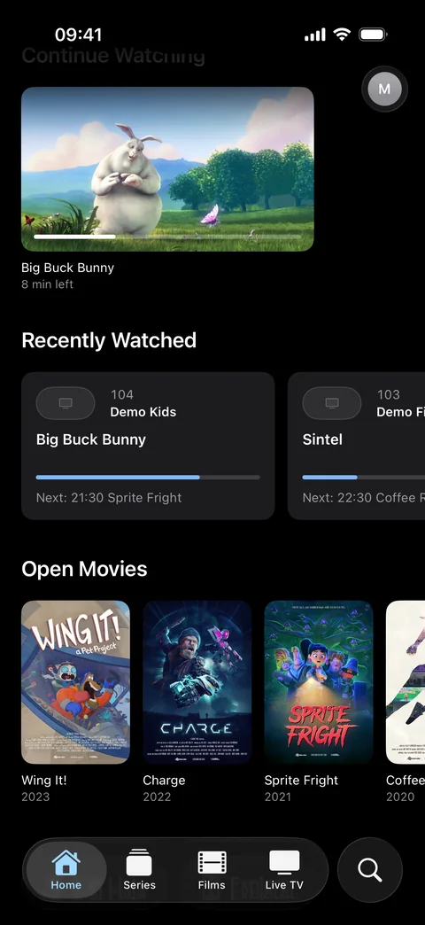 Teevo Home on iPhone: Continue Watching, recently watched channels and Open Movies posters Teevo Home on iPhone: Continue Watching, recently watched channels and Open Movies posters