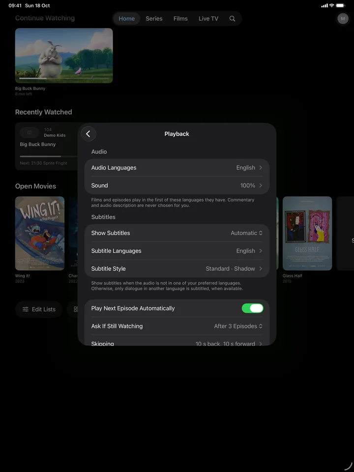 Playback settings on iPad