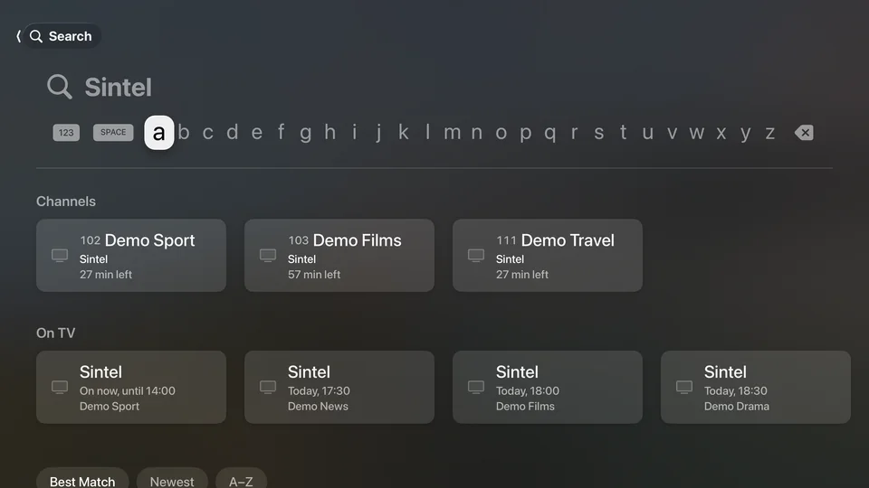 Search on Apple TV: channels and programmes on now for Sintel