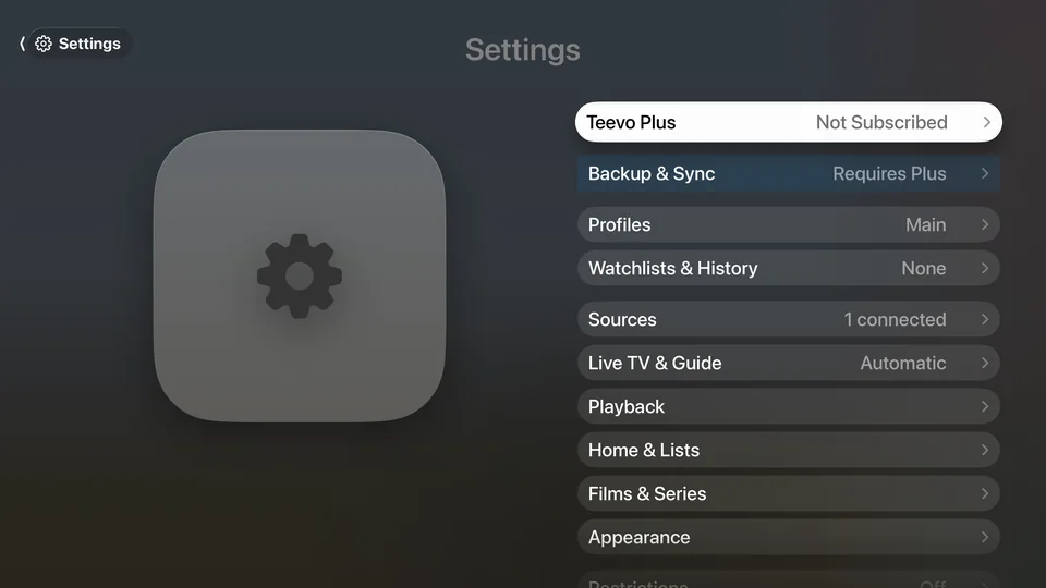 Settings on Apple TV: Teevo Plus, Backup & Sync, Profiles, Sources, Live TV & Guide, Playback