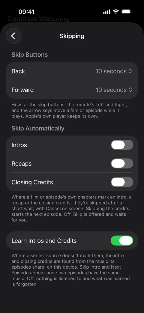 Skipping settings on iPhone: skip buttons, Skip Automatically and Learn Intros and Credits