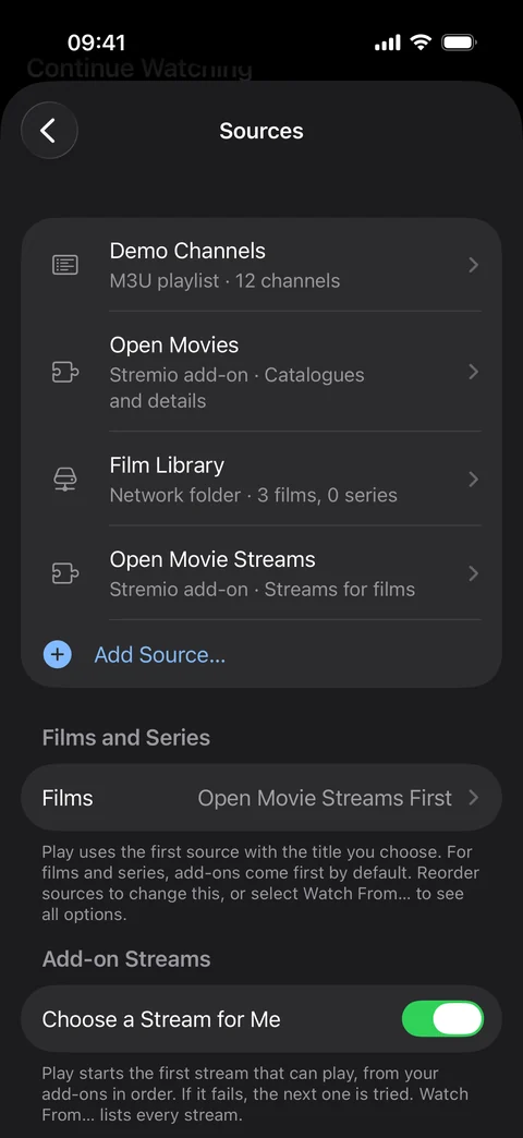 Sources on iPhone: demo channels, two add-ons and a film library